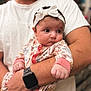 Francesca joined the competition — help win amazing prizes! baby, infant, headband, bow, onesie, patterned_clothing, arm, baby_hand, adult, holding, portrait, close_up, indoor, watch, smartwatch, cute, expression, eyes, face, parent