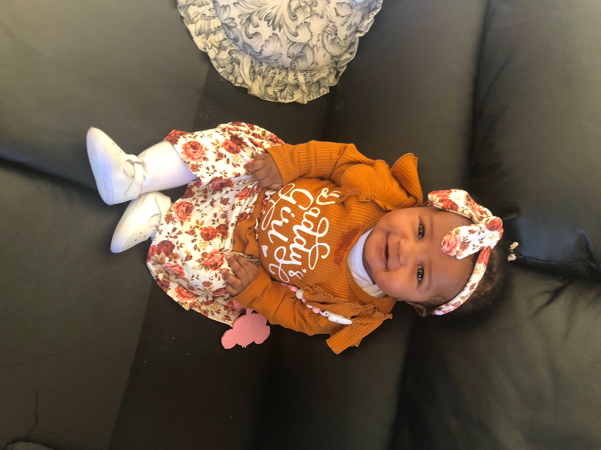 Alana Grace joined the competition — help win amazing prizes! baby, baby_products, baby_toddler_clothing, child, comfort, happy, hat, headwear, joy, linens, orange, peach, person, room, sleeve, smile, toddler, tree, wood