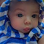 baby, child, face, hoodie, blue_stripes, towel, tongue, skin, outdoor, trees, person, curious, closeup, young_child, infant, headwear, expression, nature, portrait, summer