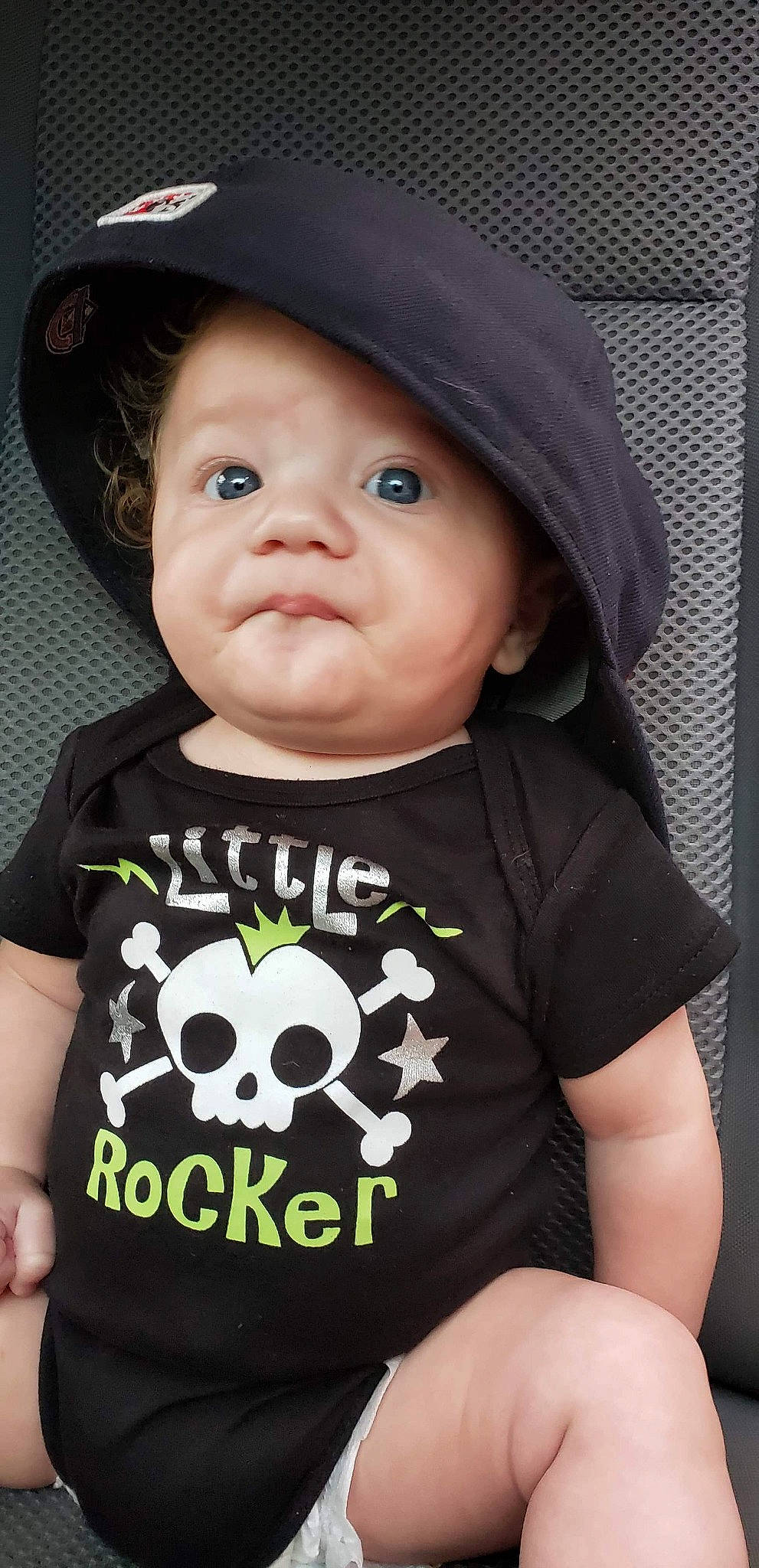 Gabe joined the competition — help win amazing prizes! baby, baby_products, baby_toddler_clothing, cap, child, clothing, cool, hat, headgear, neck, person, product, sleeve, smile, t_shirt, toddler