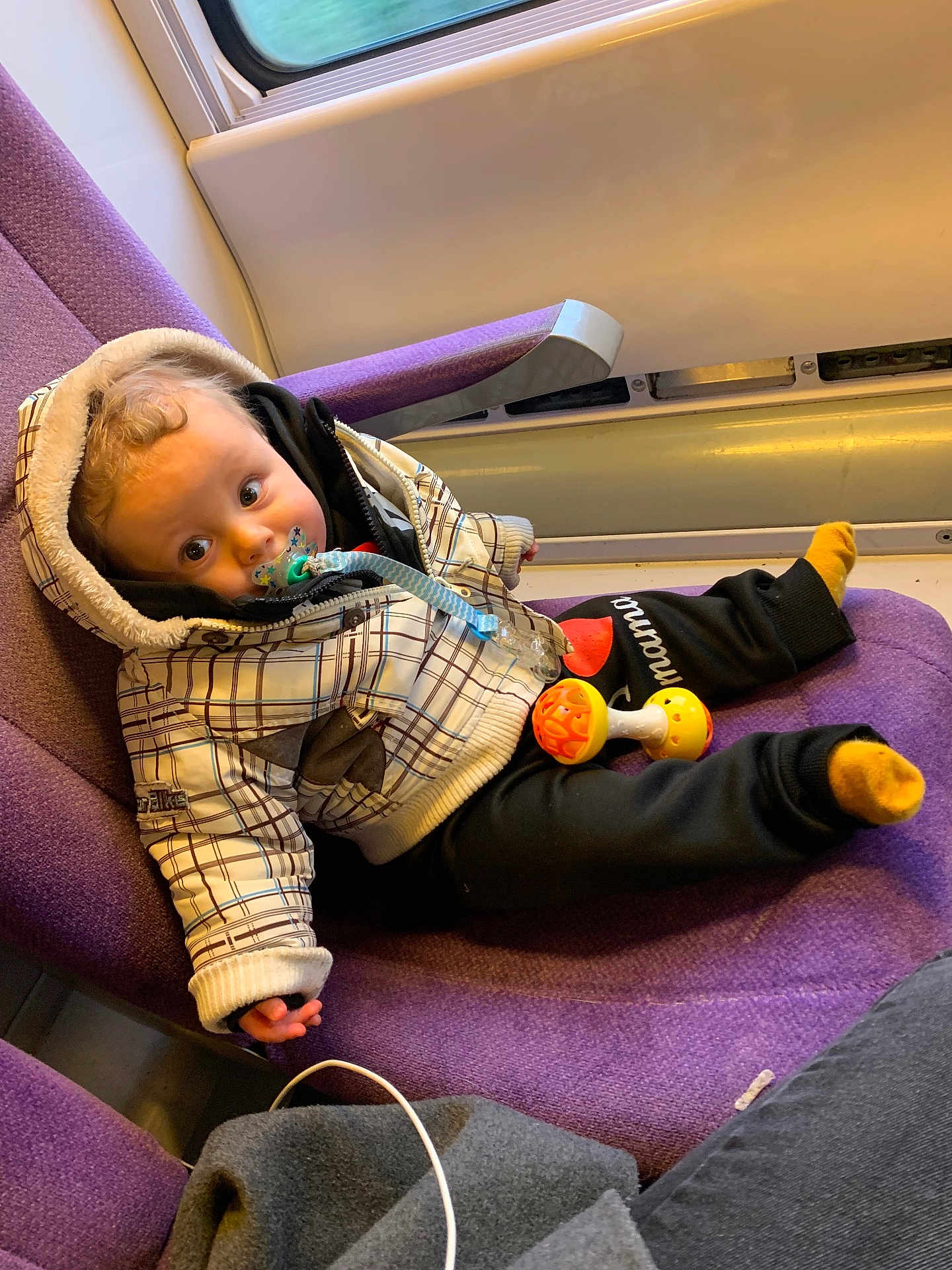 Lino participe au concours pour gagner de l'argent avec cette photo : baby, child, pacifier, jacket, toy, train_seat, purple_seat, window, curly_hair, clothing, socks, indoor, person, seated, infant, cute, relaxed, travel, transport, casual