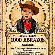 Francisco joined the competition — help win amazing prizes! child, toddler, cowboy, cowboy_hat, bandana, vest, portrait, smiling, face, person, western, wanted_poster, vintage, illustration, sepia, paper_texture, ornamental_border, typography, red_scarf, black_background