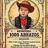 child, toddler, cowboy, cowboy_hat, bandana, vest, portrait, smiling, face, person, western, wanted_poster, vintage, illustration, sepia, paper_texture, ornamental_border, typography, red_scarf, black_background