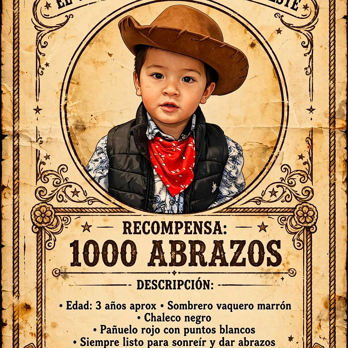 Francisco joined the competition — help win amazing prizes! child, toddler, cowboy, cowboy_hat, bandana, vest, portrait, smiling, face, person, western, wanted_poster, vintage, illustration, sepia, paper_texture, ornamental_border, typography, red_scarf, black_background