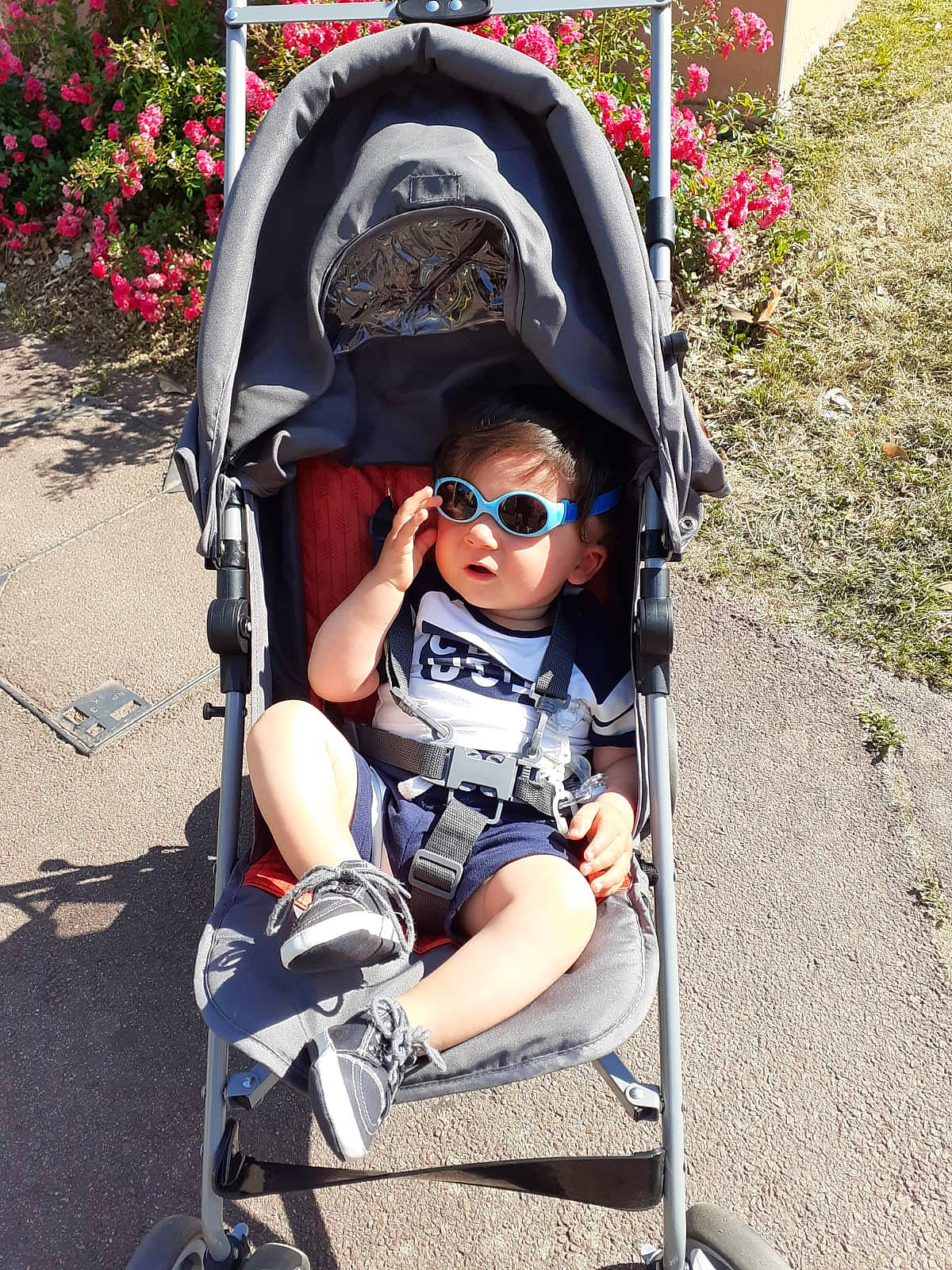 Antonin a rejoint le concours — aidez-le/la à gagner de superbes lots ! baby, baby_carriage, baby_products, child, comfort, electric_blue, eyewear, flower, fun, grass, leisure, person, personal_protective_equipment, photograph, plant, product, recreation, snapshot, sunglasses, toddler
