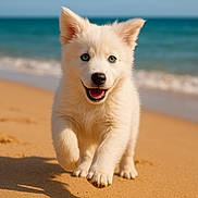 Mio participe au concours pour gagner de l'argent avec cette photo : puppy, dog, beach, sand, ocean, water, blue_eyes, running, happy, cute, outdoor, sunny, animal, pet, fluffy, summer, nature, playful, young, closeup