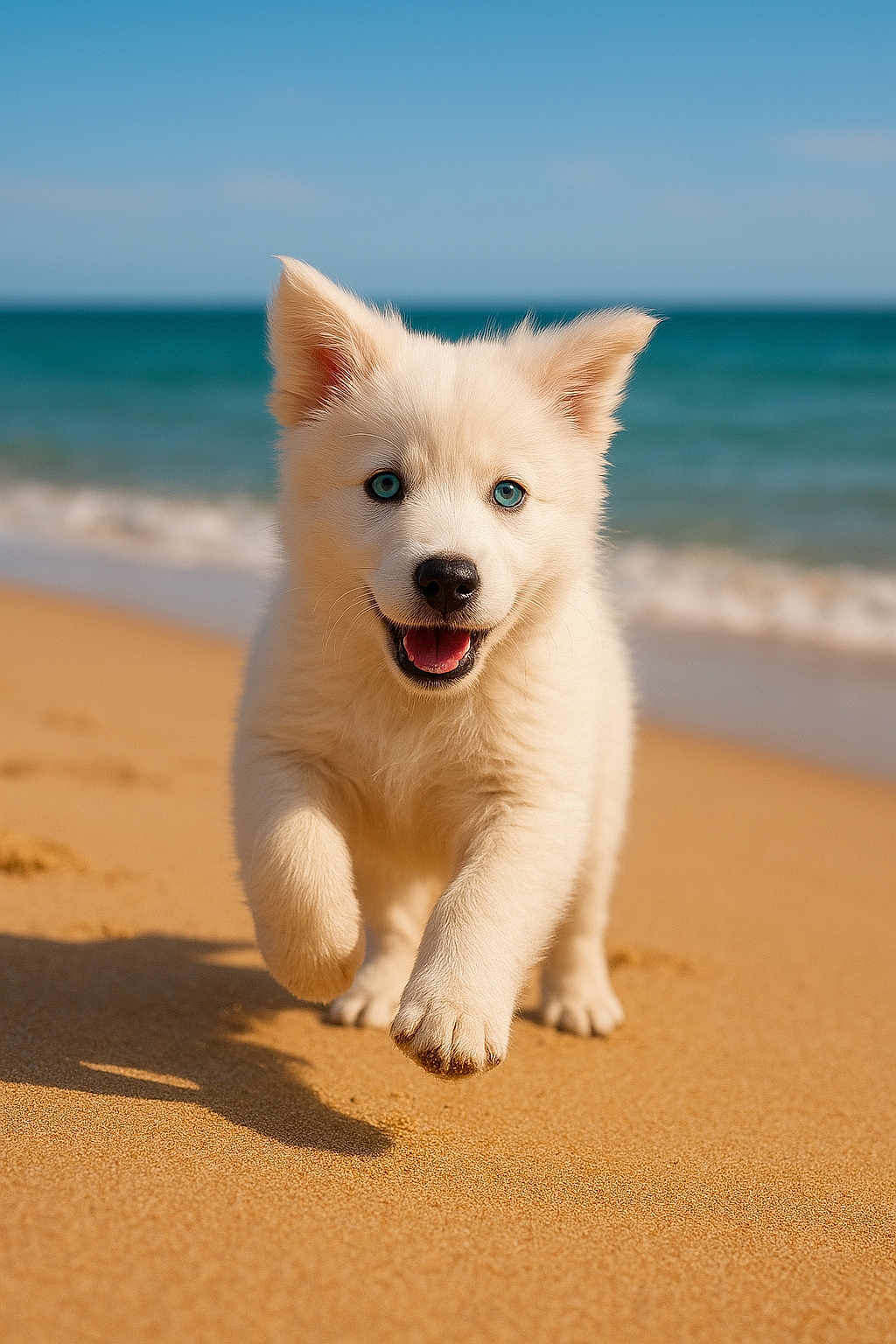 Mio participe au concours pour gagner de l'argent avec cette photo : puppy, dog, beach, sand, ocean, water, blue_eyes, running, happy, cute, outdoor, sunny, animal, pet, fluffy, summer, nature, playful, young, closeup