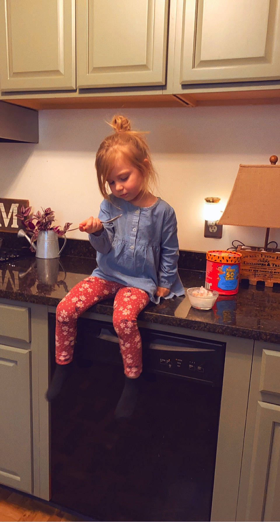 Emberlyn joined the competition — help win amazing prizes! cabinetry, countertop, cupboard, drawer, floor, flooring, hardwood, home_appliance, interior_design, kitchen, kitchen_appliance, lighting, major_appliance, orange, person, pink, purple, room, sleeve, toddler