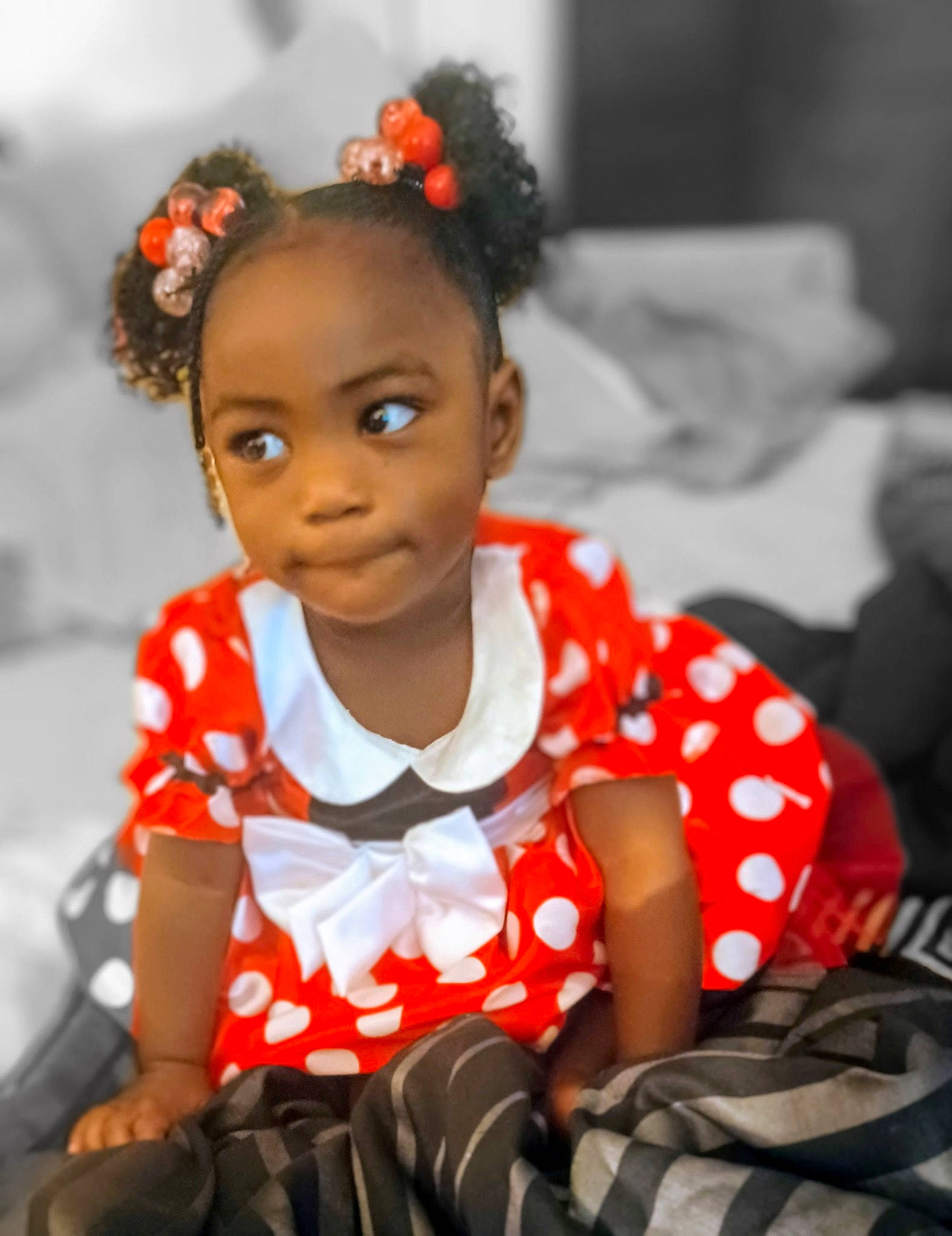 Kenzie is registered to the contest to win money with this photo: baby_toddler_clothing, chair, cheek, child, child_model, event, fashion_accessory, fashion_design, flash_photography, fun, happy, human_body, jewellery, pattern, person, room, sitting, toddler, tradition