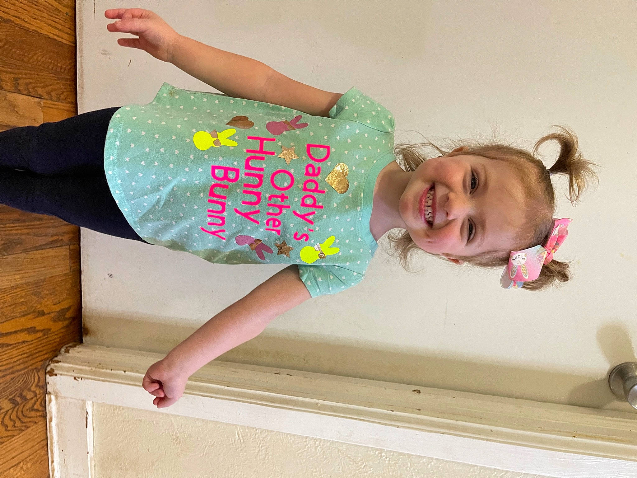 Livia joined the competition — help win amazing prizes! baby, baby_toddler_clothing, child, fun, happy, human_leg, joy, leisure, magenta, pattern, peach, person, pink, room, sleeve, smile, t_shirt, thigh, toddler, waist