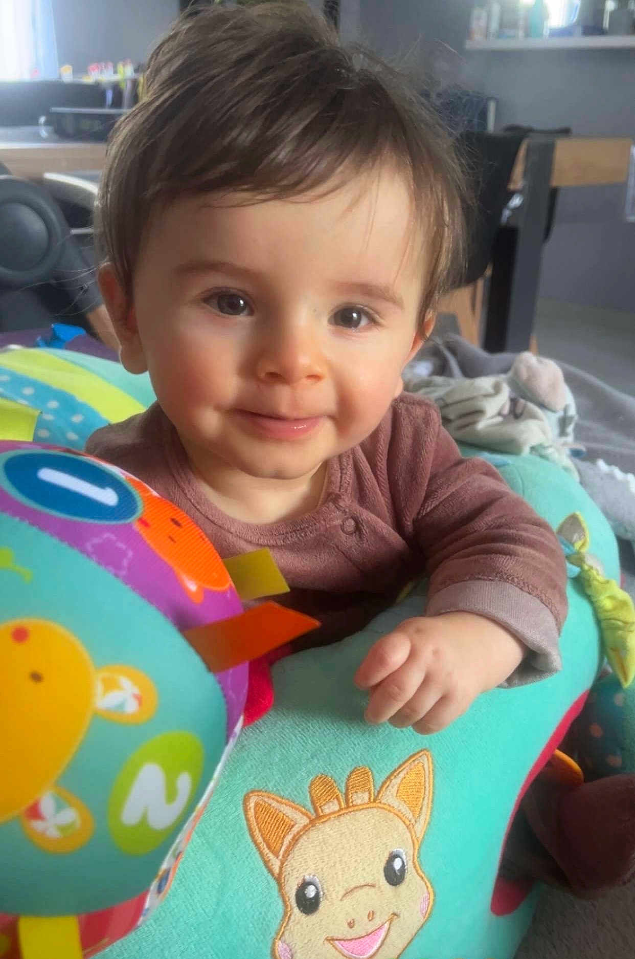 Lohen participe au concours pour gagner de l'argent avec cette photo : toddler, child, smile, face, indoor, plush_toy, giraffe, colorful, hand, curly_hair, playing, baby, soft_toys, cozy, cute, young_child, clothing, person, happy, close_up