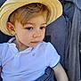 baby, casual_clothing, child, curious, cute, face, hat, headwear, looking_away, outdoor, person, portrait, seatbelt, sitting, straw_hat, stroller, summer, toddler, white_shirt, young_child