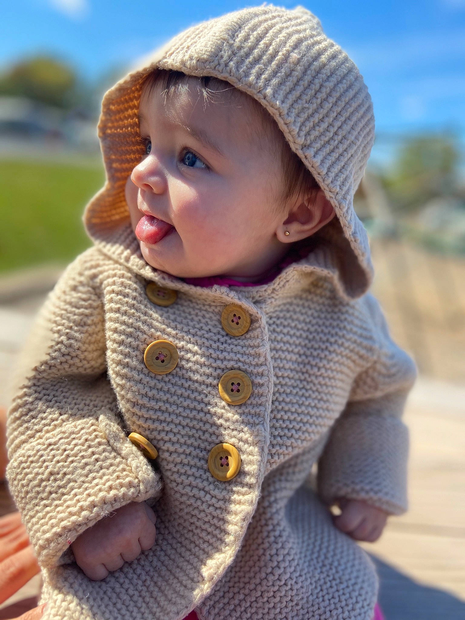 Isabella Faith Docherty is registered to the contest to win money with this photo: baby, cardigan, cheek, child, clothing, crochet, design, headgear, headwear, hood, knit_cap, knitting, outerwear, pattern, person, skin, sleeve, sweater, toddler, wool