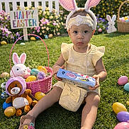 Kalani is registered to the contest to win money with this photo: toddler, child, easter, bunny_ears, grass, easter_eggs, basket, plush_toy, yellow_dress, headband, outdoor, spring, holiday, cute, sandals, sign, flowers, sunny, playful, celebration