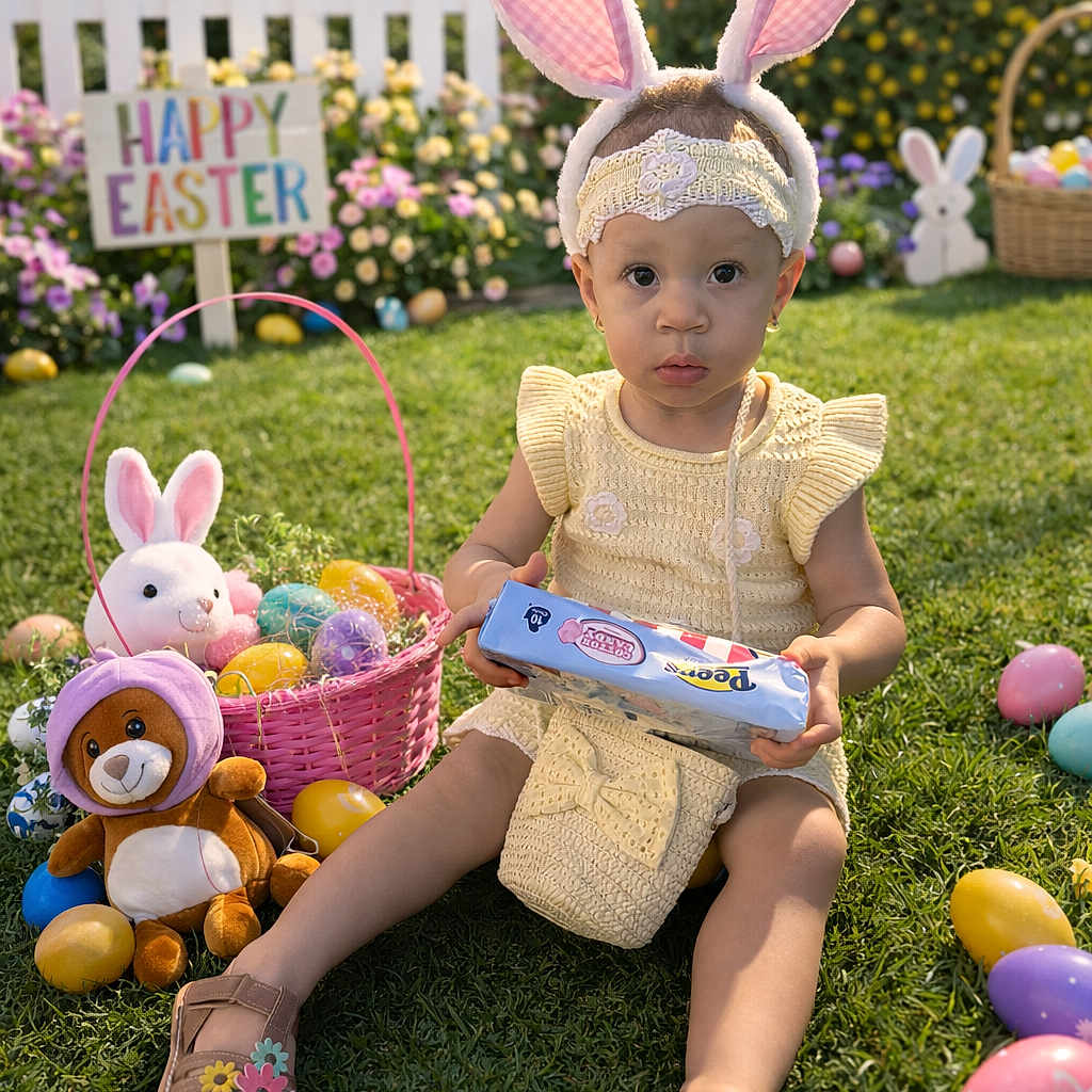 Kalani is registered to the contest to win money with this photo: toddler, child, easter, bunny_ears, grass, easter_eggs, basket, plush_toy, yellow_dress, headband, outdoor, spring, holiday, cute, sandals, sign, flowers, sunny, playful, celebration