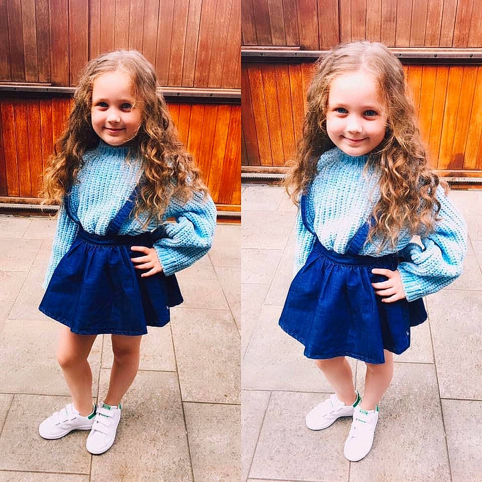 Nicoly Et Maëlys a rejoint le concours — aidez-le/la à gagner de superbes lots ! blue, child, child_model, clothing, denim, dress, electric_blue, fashion, fashion_accessory, footwear, joy, long_hair, outerwear, pattern, person, shoe, street_fashion, style, textile, toddler