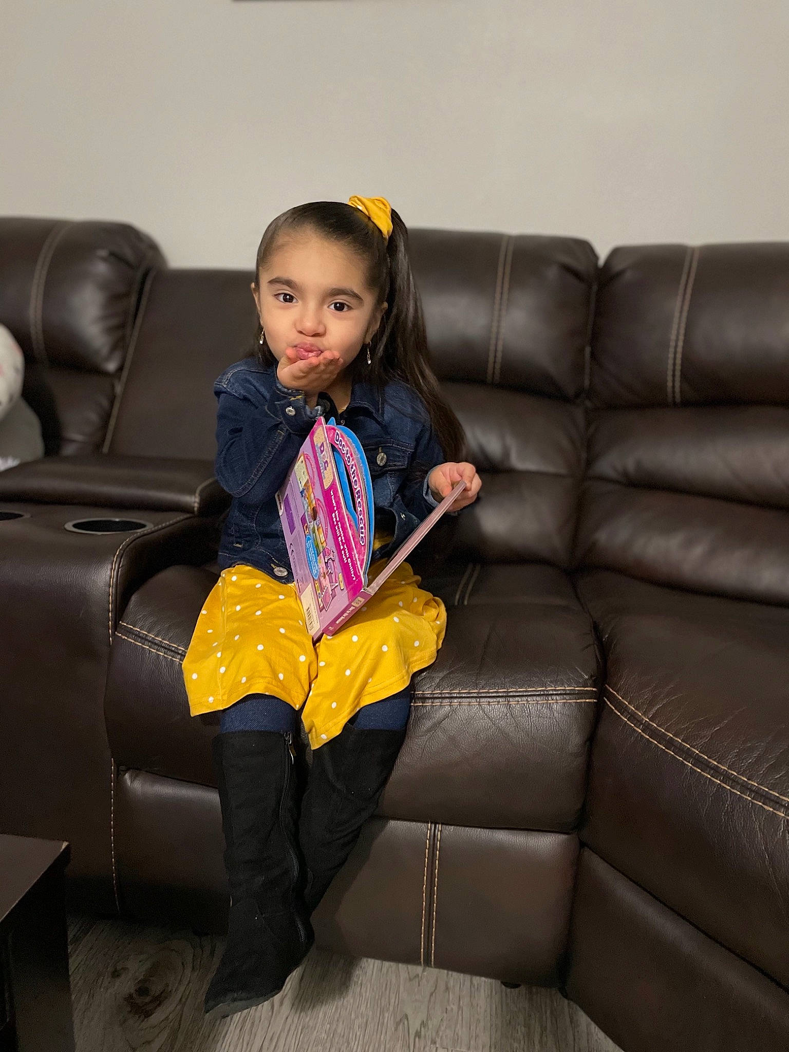 Katalina joined the competition — help win amazing prizes! beauty, black_hair, blond, comfort, couch, face, fashion, flooring, fun, furniture, hairstyle, human_leg, knee, lap, living_room, outerwear, person, sitting, studio_couch, textile