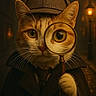 cat, magnifying_glass, detective_hat, coat, whiskers, orange_cat, close_up, portrait, street_lamp, night, mystery, investigation, costume, animal, feline, curious, vintage_style, dark_background, clothing, hand