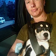 Raven Honeybears is registered to the contest to win money with this photo: animal, blurred, car, casual_clothing, dog, face, holding, indoor, night, person, pet, piercing, portrait, puppy, seat, seatbelt, trees, vehicle, window, woman