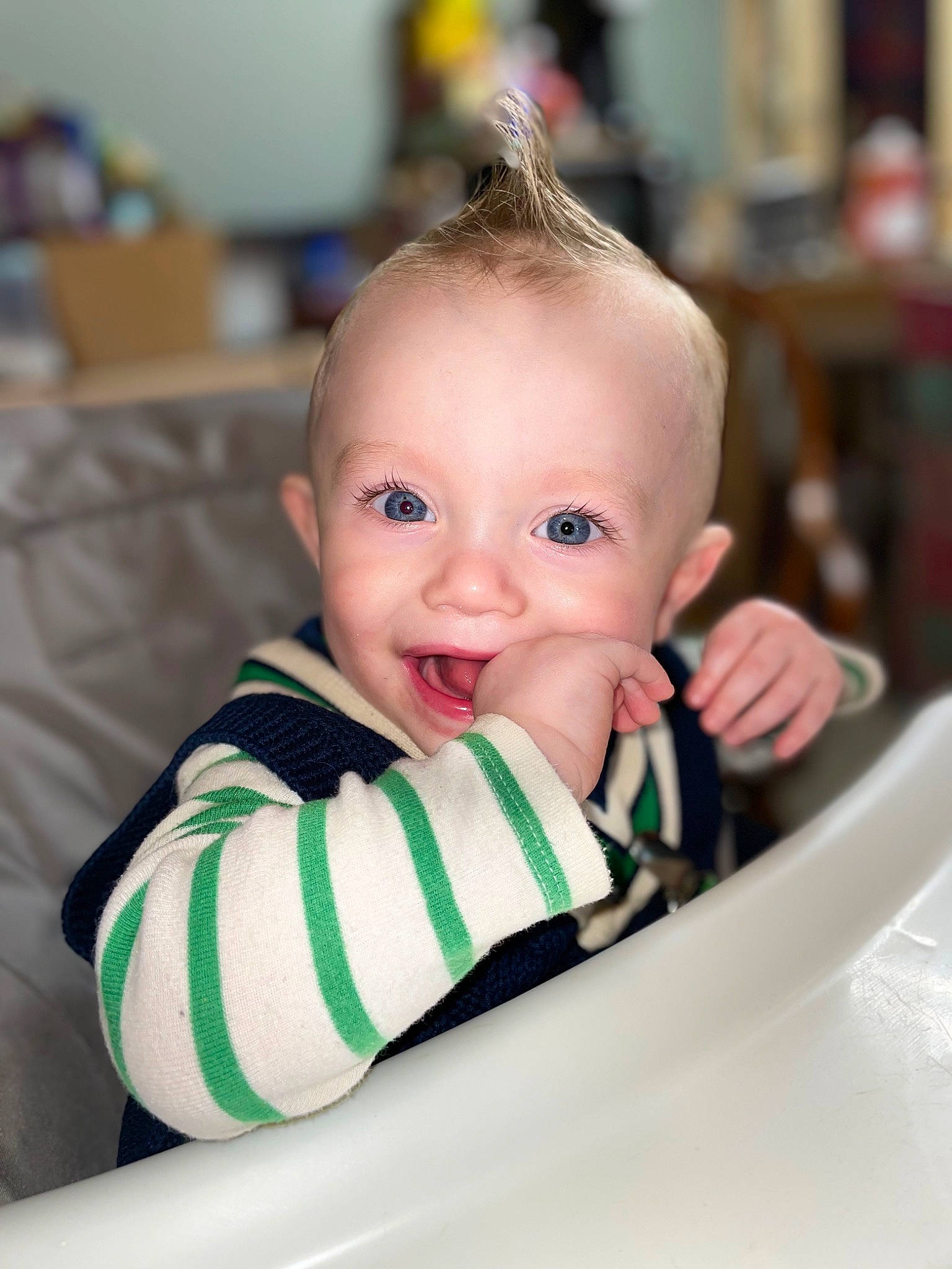 Ryder is registered to the contest to win money with this photo: baby, baby_products, baby_toddler_clothing, chair, cheek, child, comfort, eyebrow, fun, happy, iris, laugh, person, portrait_photography, room, sitting, sleeve, smile, t_shirt, toddler