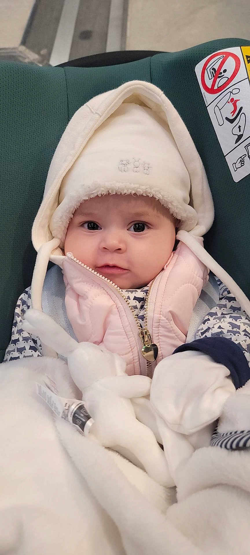 Soalina participe au concours pour gagner de l'argent avec cette photo : baby, infant, hat, hood, jacket, zipper, car_seat, safety_label, blanket, plush_toy, mittens, face, eyes, cheeks, portrait, close_up, warm_clothing, stroller, cute, indoors
