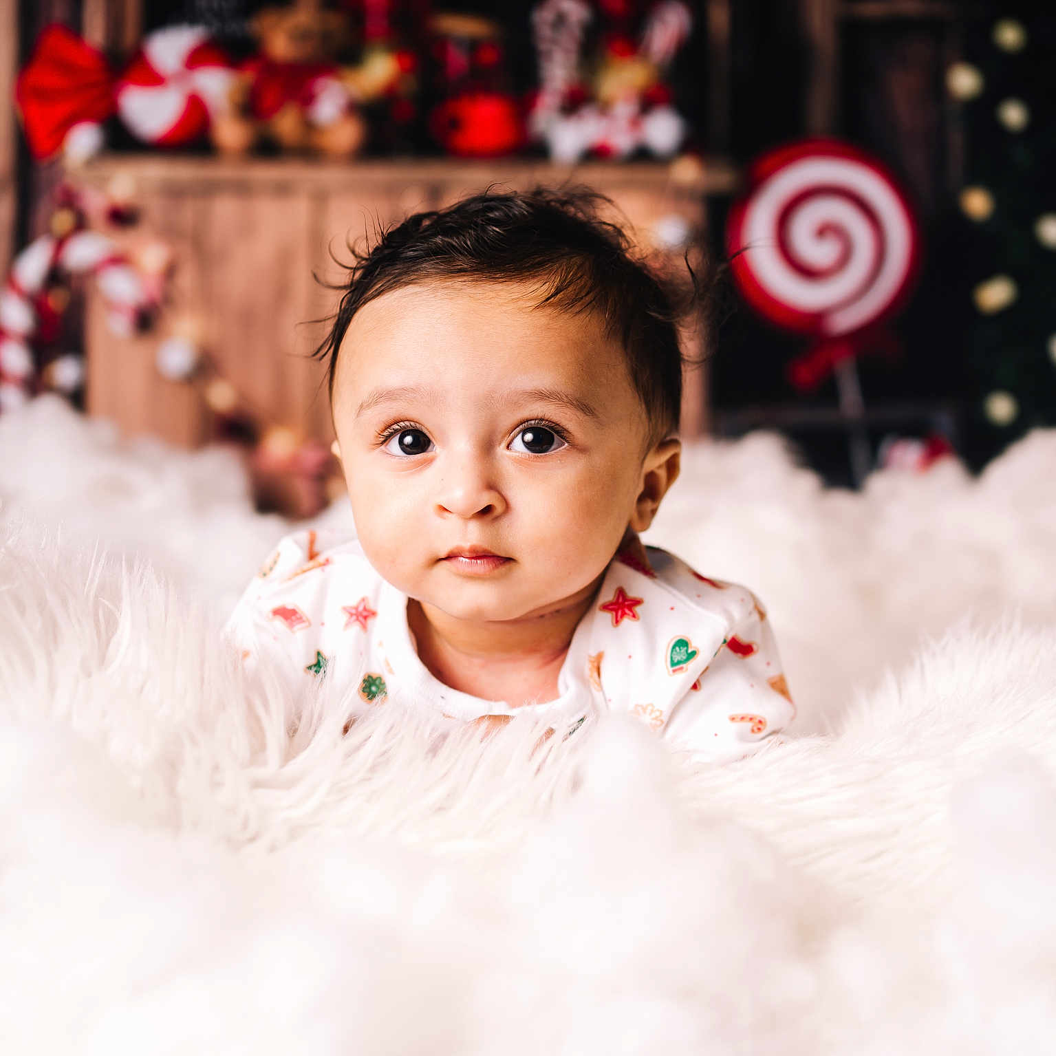Asher joined the competition — help win amazing prizes! baby, blanket, candy_cane, child, christmas, cute, decorations, eyes, face, festive, fluffy, holiday, indoor, infant, lollipop, person, portrait, red, soft, white