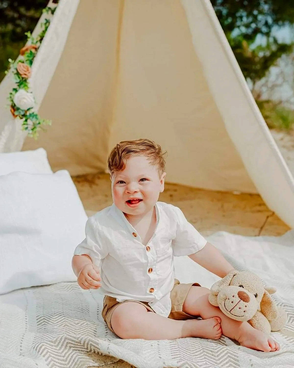 Fredric joined the competition — help win amazing prizes! baby_toddler_clothing, comfort, dress, face, flash_photography, grass, happy, head, leisure, people_in_nature, person, photograph, plant, smile, summer, tent, textile, toddler, tree, white