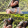 affection, animal, bench, black_top, casual, cat, daylight, feline, greenery, happy, holding, nature, outdoor, pet, portrait, sitting, skirt, sunglasses, tattoo, woman
