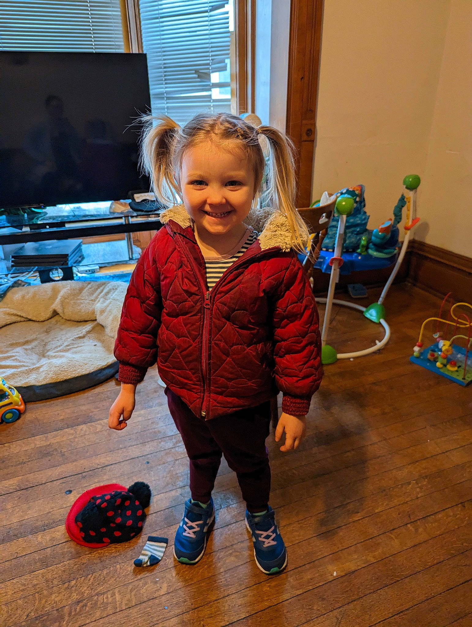 Anastasia joined the competition — help win amazing prizes! baby_toddler_clothing, ball, child, electric_blue, floor, flooring, football, fun, happy, hardwood, joy, laminate_flooring, leisure, person, play, smile, toddler, toy, varnish, window