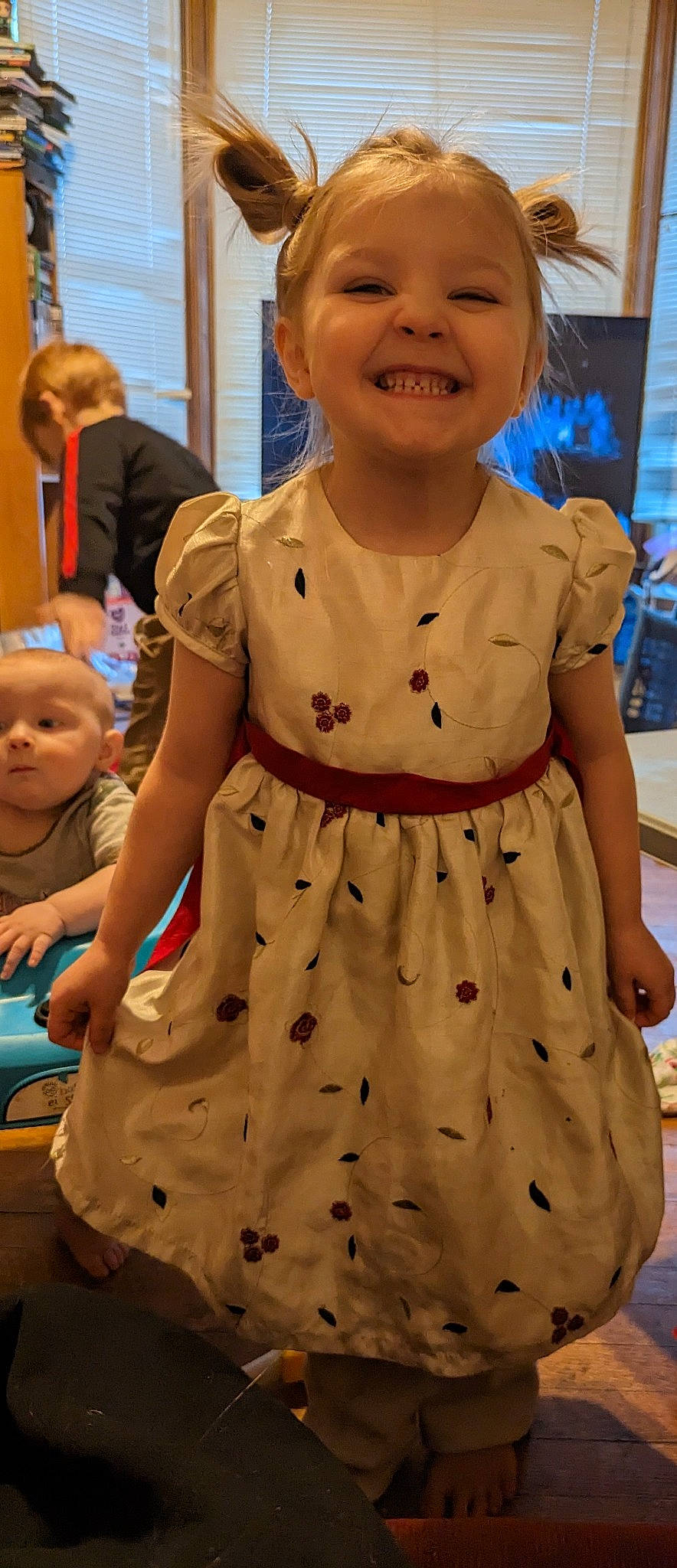 Anastasia is registered to the contest to win money with this photo: baby, baby_toddler_clothing, child, costume, day_dress, dress, event, fashion_design, fun, happy, hat, head, joy, pattern, person, room, sleeve, smile, t_shirt, toddler