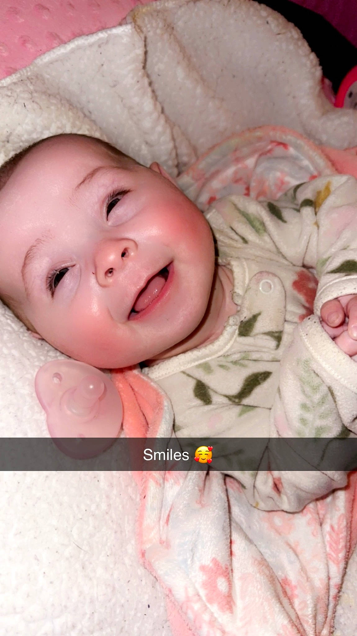 Melody is registered to the contest to win money with this photo: baby, baby_toddler_clothing, cheek, child, chin, eye, eyebrow, eyelash, happy, lip, mouth, nose, person, pink, product, skin, sleeve, smile, textile, toddler