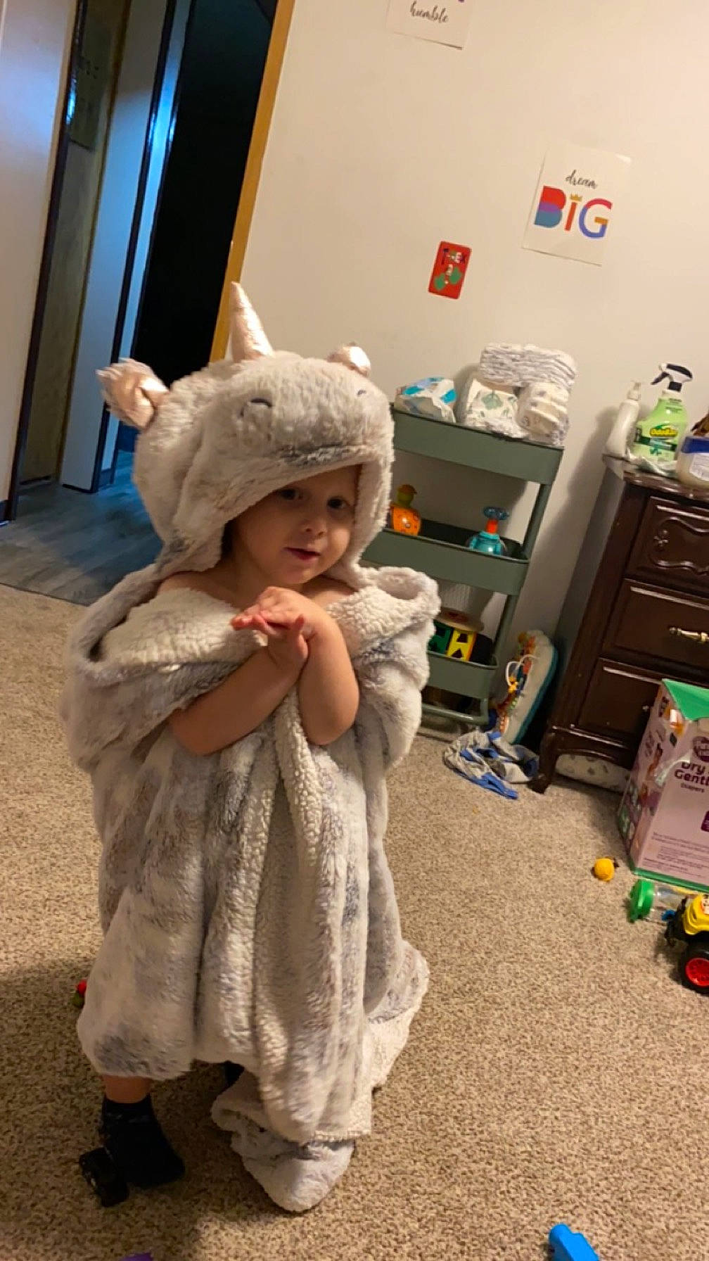 Cameron is registered to the contest to win money with this photo: baby, baby_toddler_clothing, child, costume, drawer, event, fashion_accessory, floor, flooring, fun, fur, hairstyle, headwear, person, play, room, sandal, sitting, skin, standing