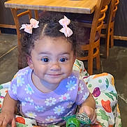 Malia joined the competition — help win amazing prizes! toddler, child, smiling, curly_hair, hair_bows, purple_shirt, daisy_pattern, high_chair, colorful_blanket, indoor, restaurant, wooden_chairs, wooden_tables, concrete_floor, person, baby, cute, holding_object, happy, seated