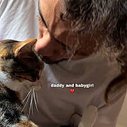 Jasmine is registered to the contest to win money with this photo: person, cat, animal, pet, affection, indoor, curly_hair, white_tshirt, closeup, face, fur, whiskers, love, cute, bond, touch, domestic, companion, interaction, nostalgic