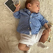 Adriann participe au concours pour gagner de l'argent avec cette photo : baby, blue_shirt, child, clothing, cute, fluffy_rug, handheld_toy, indoor, infant, lying_down, milestone, milestone_card, peaceful, portrait, skin, sock, soft_texture, toy_elephant, toy_giraffe, white_shorts