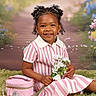 Laila is registered to the contest to win money with this photo: child, girl, smiling, curly_hair, pigtails, striped_dress, pink, white, flowers, bouquet, purse, pink_purse, sitting, green_rug, portrait, happy, cute, outdoor_style_background, accessory, young_child