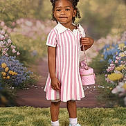 Laila joined the competition — help win amazing prizes! child, girl, portrait, pink_dress, striped_clothing, purse, crocs, shoes, grass, flowers, background, outdoor, standing, happy, cute, fashion, accessory, smiling, hair, young