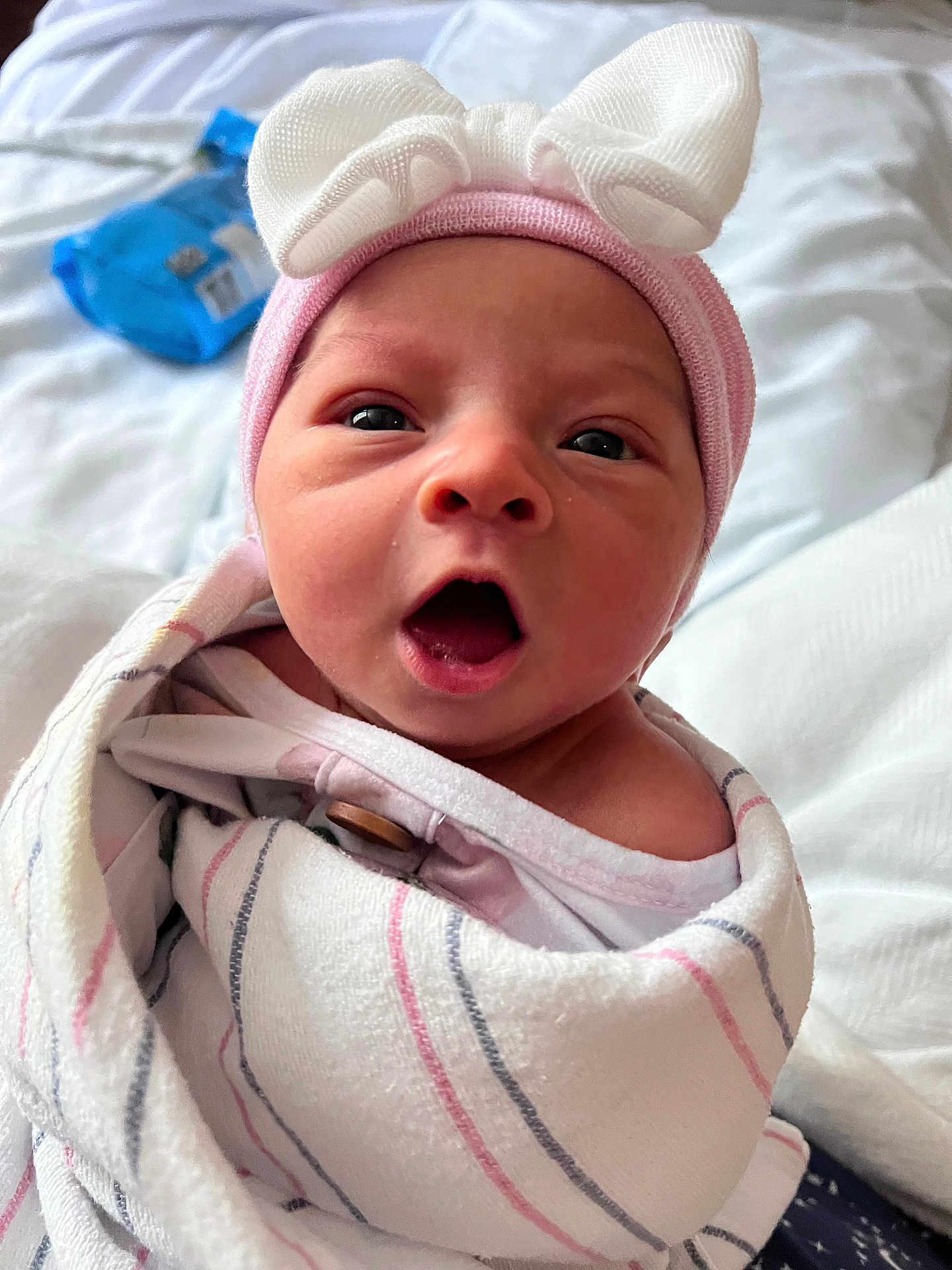 Gracelynn joined the competition — help win amazing prizes! newborn, baby, infant, wrapped, blanket, hat, pink, bow, face, eyes, mouth, hospital, bed, white, soft, clothing, cute, portrait, expression, child