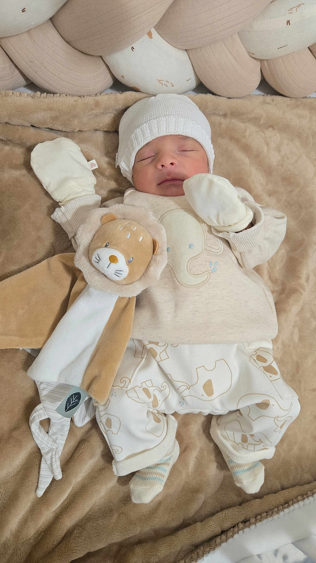 Mathias a rejoint le concours — aidez-le/la à gagner de superbes lots ! baby, sleeping, infant, plush_toy, lion, blanket, mittens, hat, soft, cozy, clothing, cute, newborn, patterned_pants, striped_socks, furry, resting, indoor, portrait, child