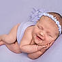 Bonnie joined the competition — help win amazing prizes! baby, infant, sleeping, smiling, headband, soft_fabric, lavender, cute, peaceful, newborn, portrait, skin, hands, feet, resting, closeup, child, happy, blanket, cozy