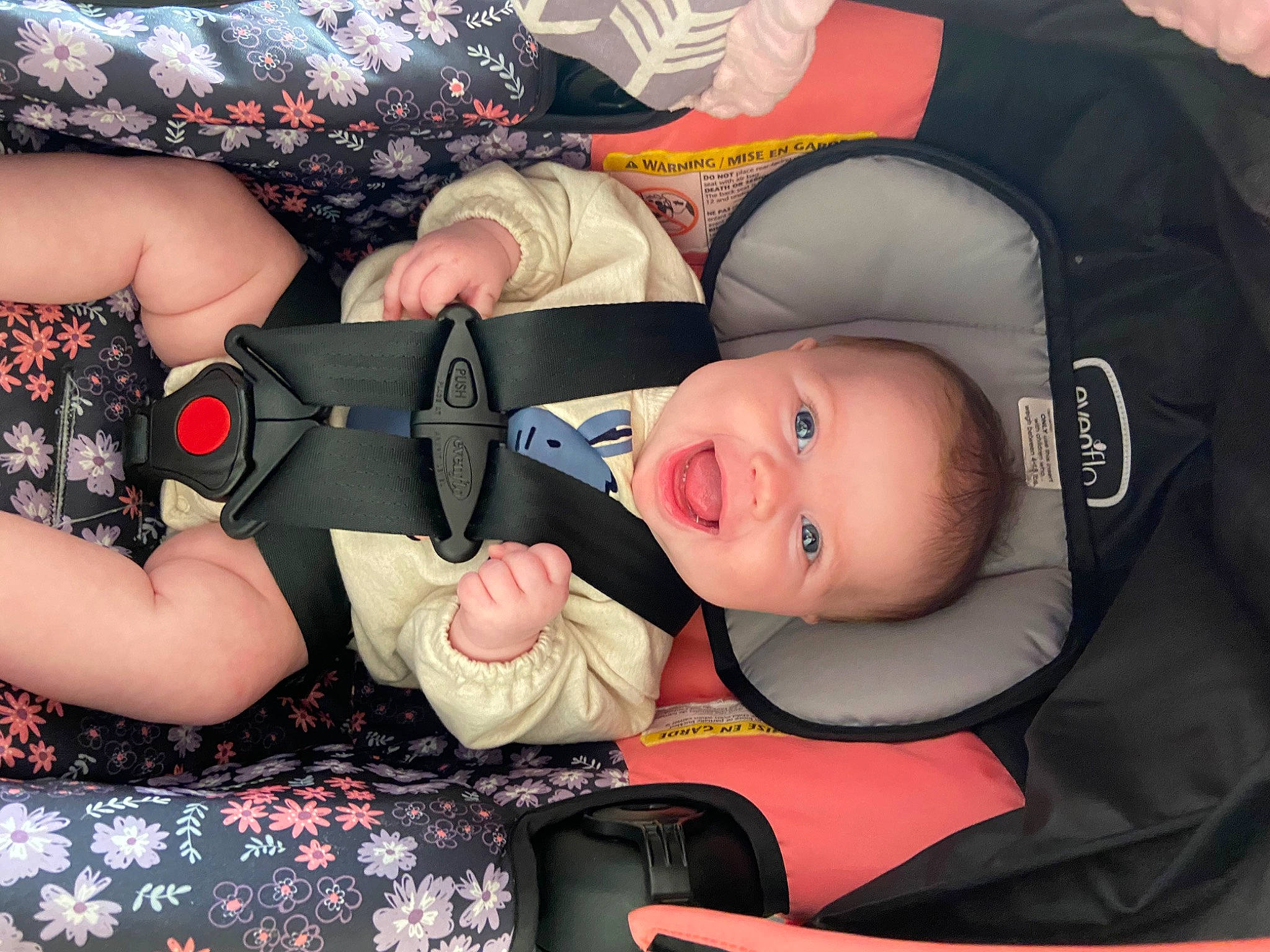 Adelynn joined the competition — help win amazing prizes! baby, baby_carriage, baby_products, baby_toddler_clothing, child, comfort, eyelash, fashion_accessory, finger, gesture, human_body, human_leg, lap, nail, pattern, person, product, smile, thigh, toddler