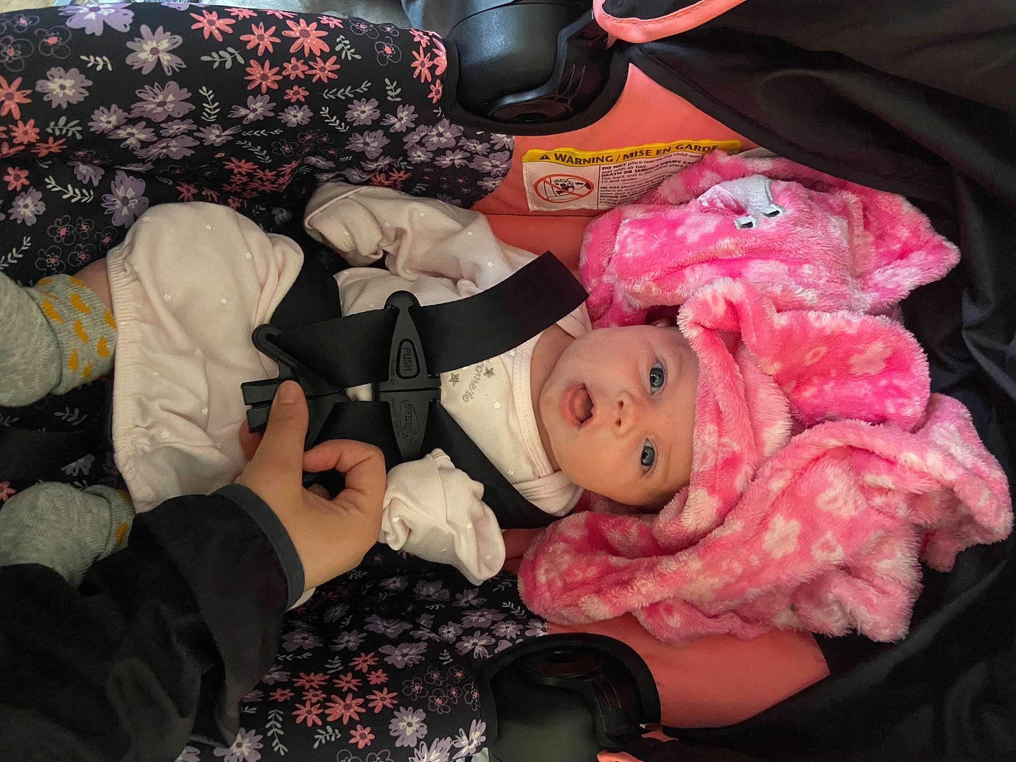 Adelynn joined the competition — help win amazing prizes! child, comfort, doll, event, fur, headwear, lap, magenta, person, pink, room, sitting, toy