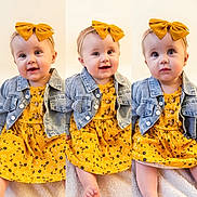 Ellie is registered to the contest to win money with this photo: baby, toddler, girl, headband, bow, yellow_dress, denim_jacket, floral_pattern, collage, triptych, portrait, smiling, curious, indoor, soft_blanket, sitting, bare_feet, toes, bright_colors, adorable