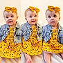 baby, toddler, girl, headband, bow, yellow_dress, denim_jacket, floral_pattern, collage, triptych, portrait, smiling, curious, indoor, soft_blanket, sitting, bare_feet, toes, bright_colors, adorable