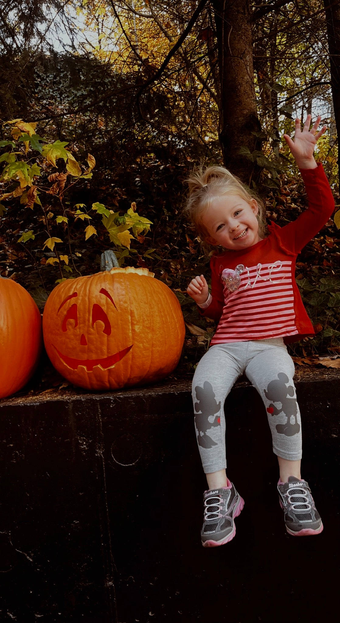 Adalyn is registered to the contest to win money with this photo: calabaza, cucurbita, facial_expression, gesture, gourd, grass, happy, human_body, joy, natural_foods, orange, organ, people, people_in_nature, person, plant, pumpkin, smile, squash, toddler
