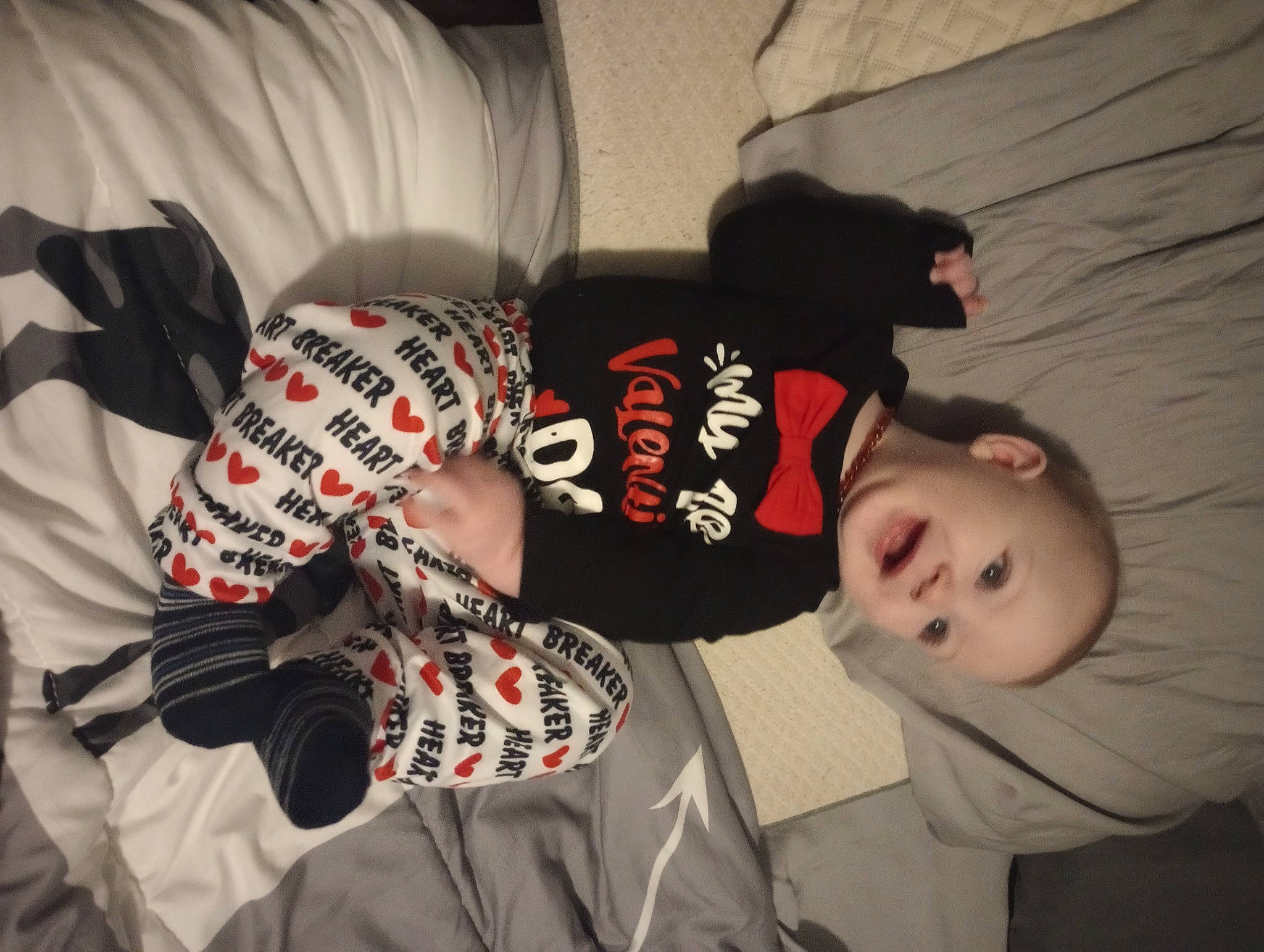 Kayden joined the competition — help win amazing prizes! baby, carmine, child, comfort, cool, elbow, fun, headgear, mammal, pattern, person, room, sitting, sleeve, t_shirt, textile, toddler, tree