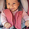 baby, child, car_seat, smile, pink, infant, seatbelt, clothing, cute, safety, happy, portrait, young_child, baby_girl, head, person, seat, straps, child_safety, indoors