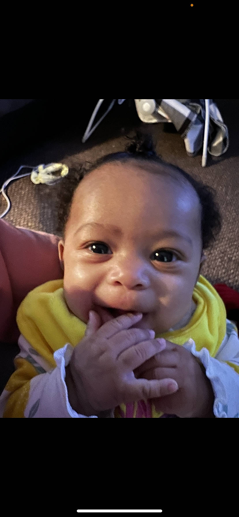 Ella is registered to the contest to win money with this photo: baby, baby_toddler_clothing, cheek, chin, ear, eyebrow, eyelash, finger, flash_photography, forehead, gesture, hair, happy, iris, lip, mouth, nose, person, skin, smile