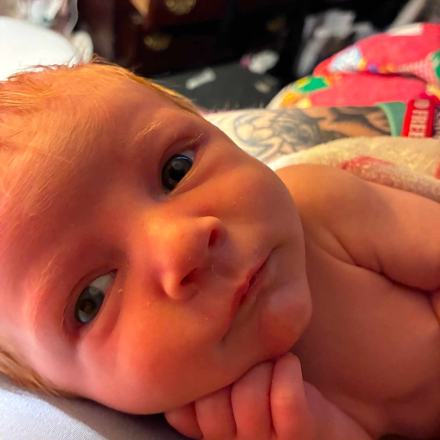 Edeline joined the competition — help win amazing prizes! baby, infant, face, red_hair, hand, expression, closeup, portrait, skin, person, resting, blanket, tattoo, curious, indoors, colorful, soft, cute, newborn, child