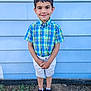 child, boy, smiling, standing, plaid_shirt, shorts, sneakers, outdoor, blue_wall, ground, plants, grass, hands, face, hair, casual_clothing, portrait, youth, person, happy